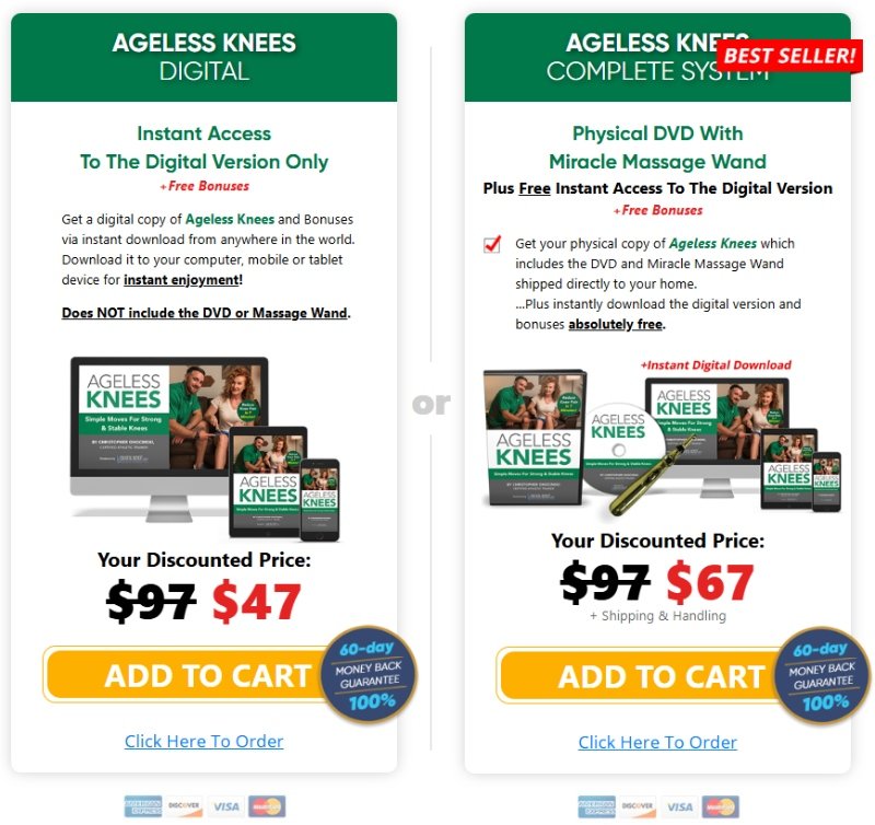 Ageless Knees program pricing and package options with detailed benefits and discounts